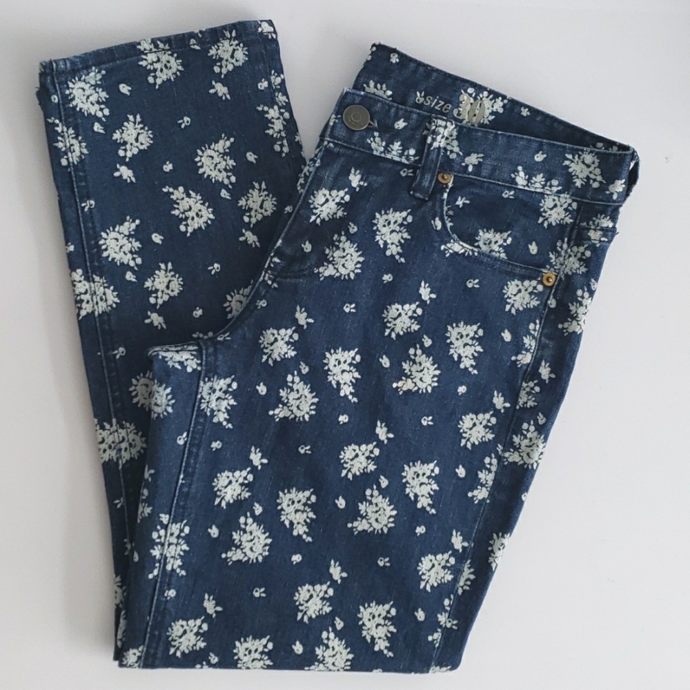 J CREW INDIGO FLORAL DENIM CROPPED MATCHSTICK JEANS, WOMEN'S WAIST: 30, $29